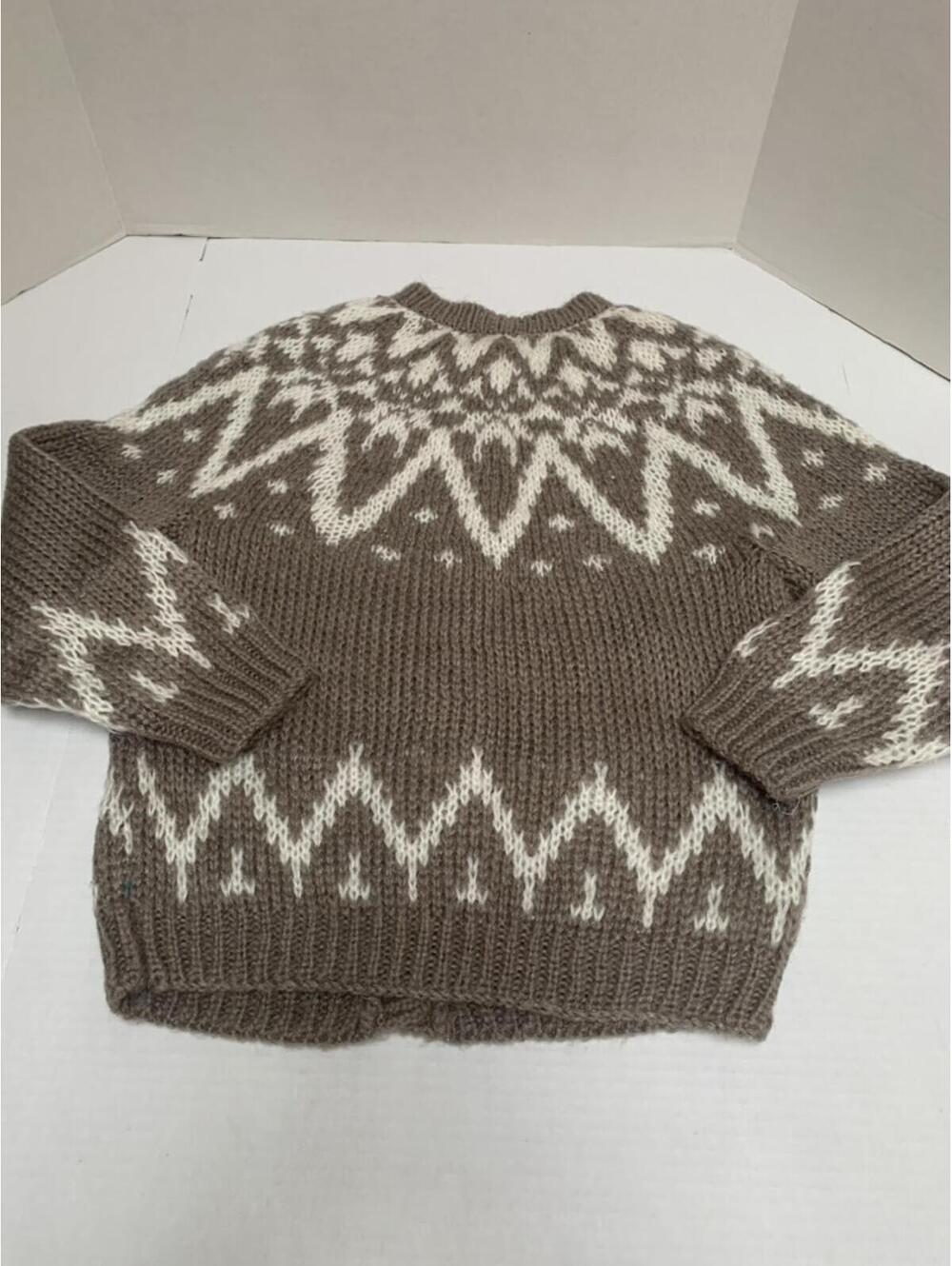 Vintage Knit Mania Hand Knit Taupe Cream Fair Isle Heavy Cardigan Sweater Small - Picture 8 of 8